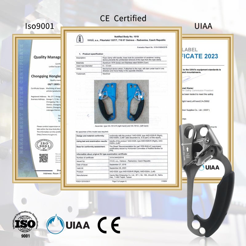 نيودوار NewDoar اليد اليمنى الصاعد تسلق الصخور شجرة Arborist Rappelling Gear Equipment CE معتمد حبل المشبك لحبل 8 ~ 13 مم (اليد اليمنى رمادي) - Image 3